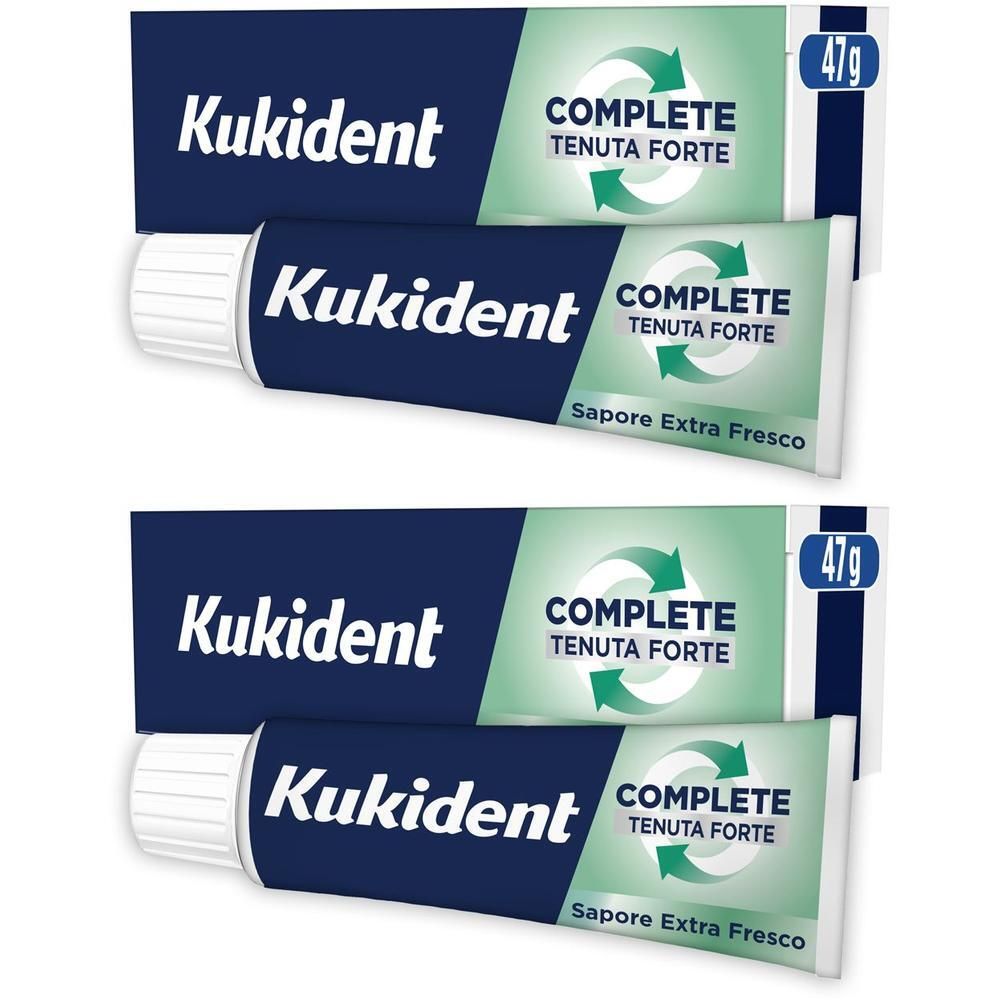 Due tubi di crema adesiva Kukident Complete, 47g ciascuno.