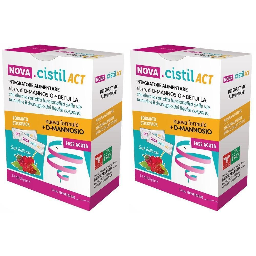 Due confezioni di NOVA.cistilACT integratore alimentare, ciascuna con 14 stickpack. Contiene D-Mannose e Betula.