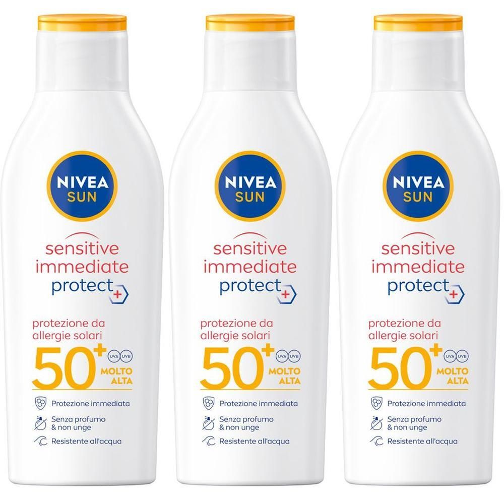 Nivea Sun Latte Solare Sensitive Immediate Protect FP50+ 200 ml, Crema solare per le allergie solari