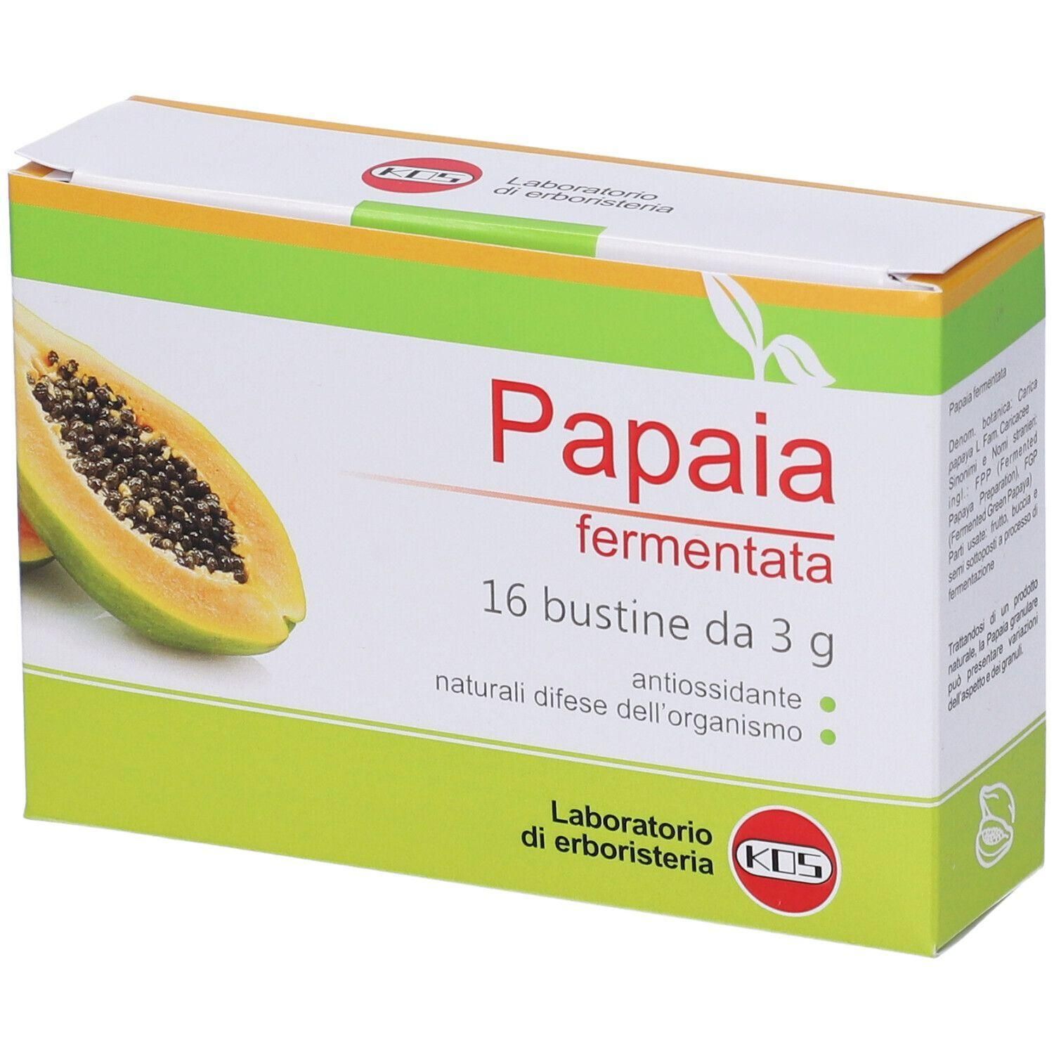 Confezione di papaya fermentata, 16 bustine da 3 g. Contiene antiossidanti.