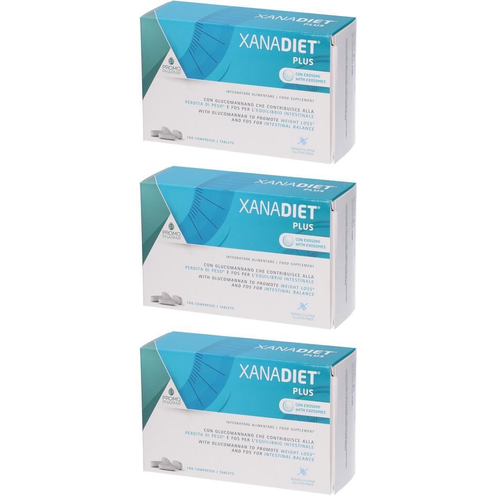 Tre confezioni di compresse Xanadiet Plus con informazioni sul fronte.