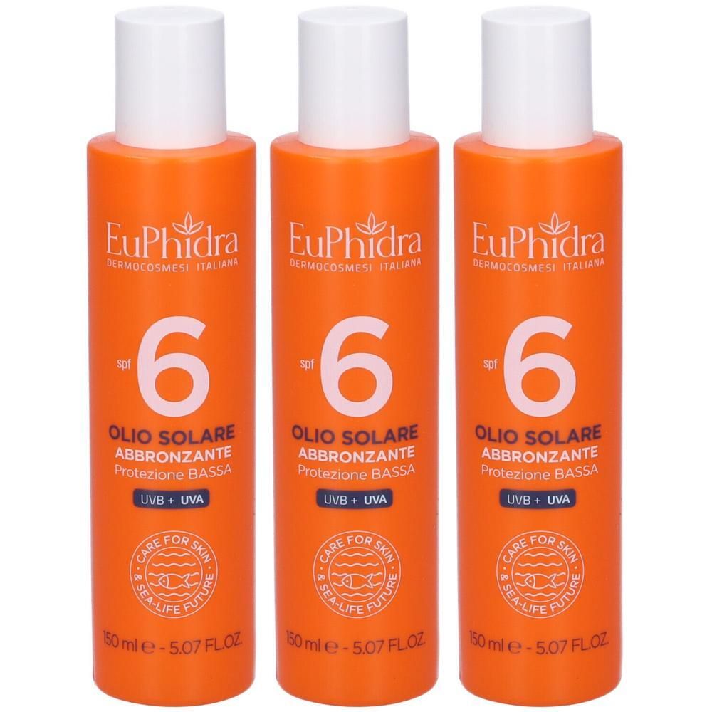 Tre flaconi di Olio Solare Euphidra SPF 6. Protezione UVA/UVB. 150 ml.