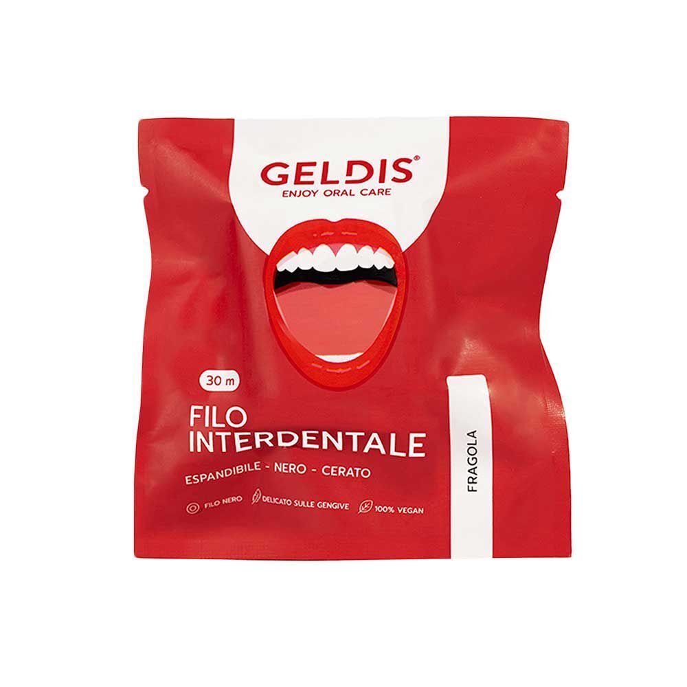 Confezione rossa di filo interdentale GELDIS, 30m, gusto fragola, espandibile, nero, cerato.