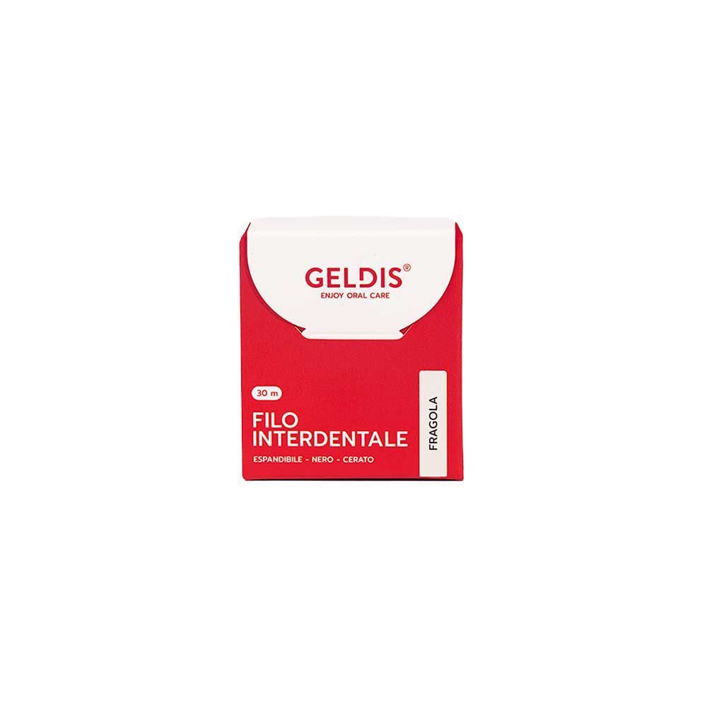 GELDIS Filo interdentale, 30m, gusto fragola. Confezione rossa e bianca.