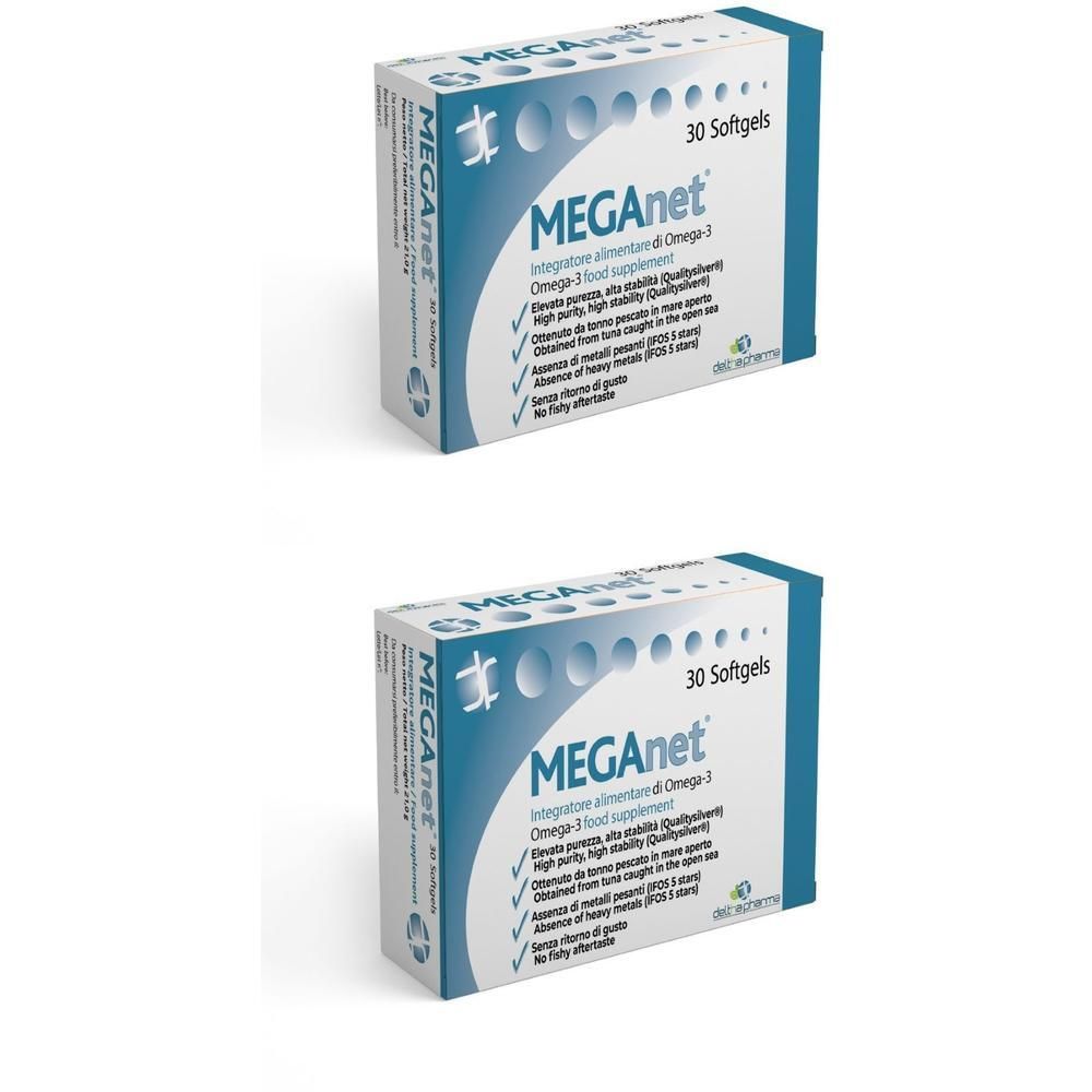 Due confezioni di Deltha Pharma MEGANET Softgels, 30 softgel ciascuna. Scatola blu con accenti bianchi e azzurri.