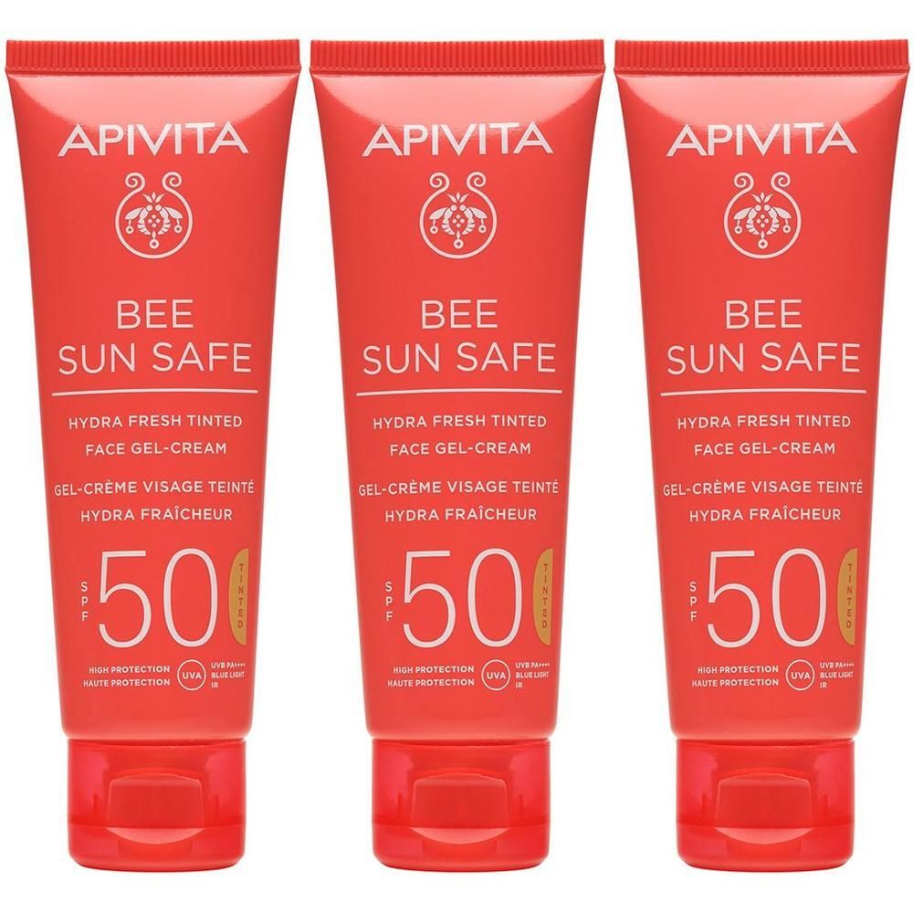 Tre tubi rossi APIVITA Bee Sun Safe Hydra Fresh Gel-Crema Colorata SPF50 affiancati.