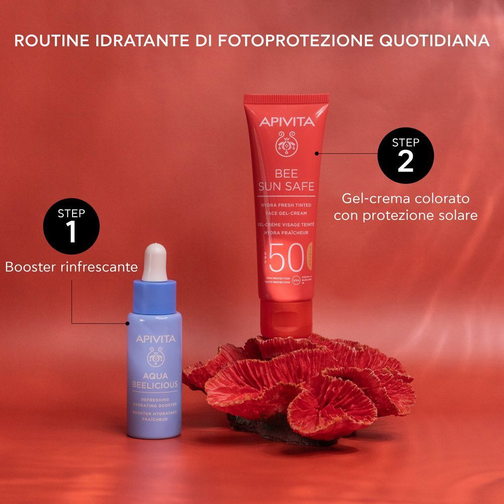 Crema-gel solare APIVITA SPF 50 e booster in routine idratante quotidiana.