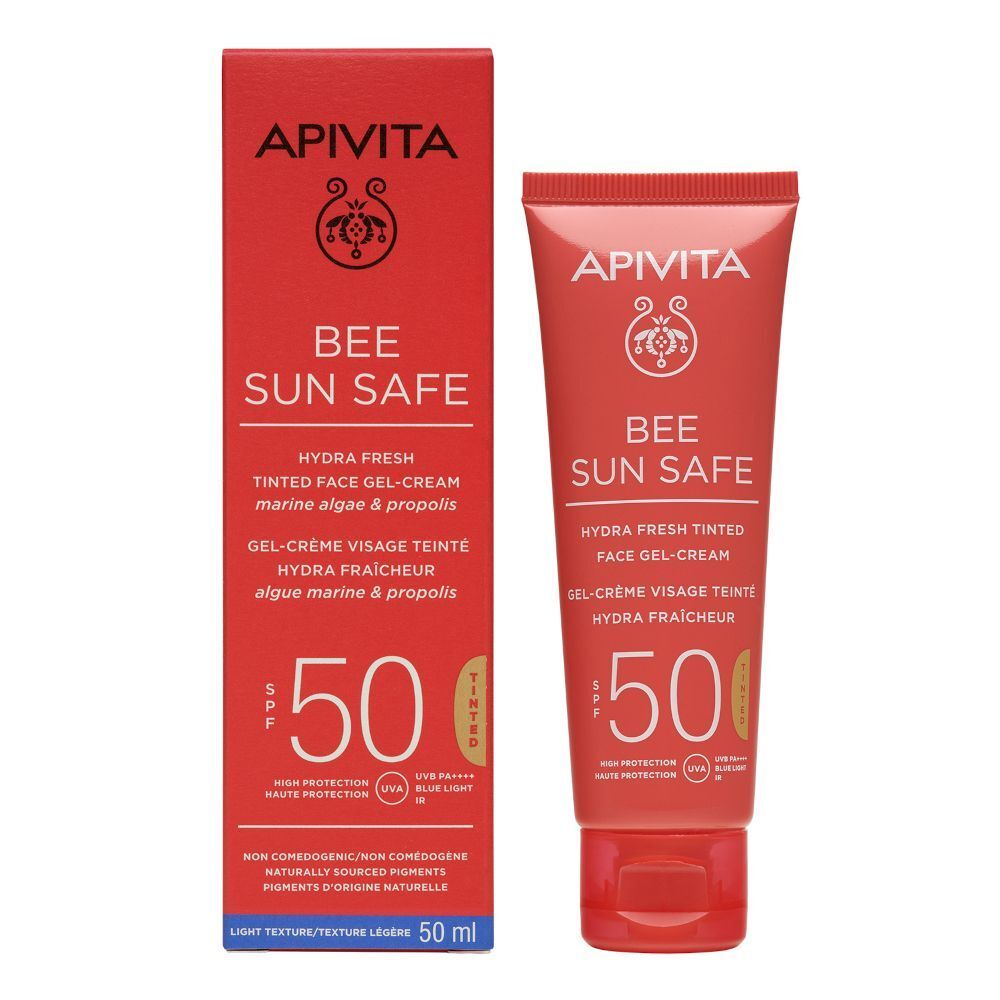 Crema-gel solare APIVITA SPF 50 e scatola pieghevole, texture leggera.