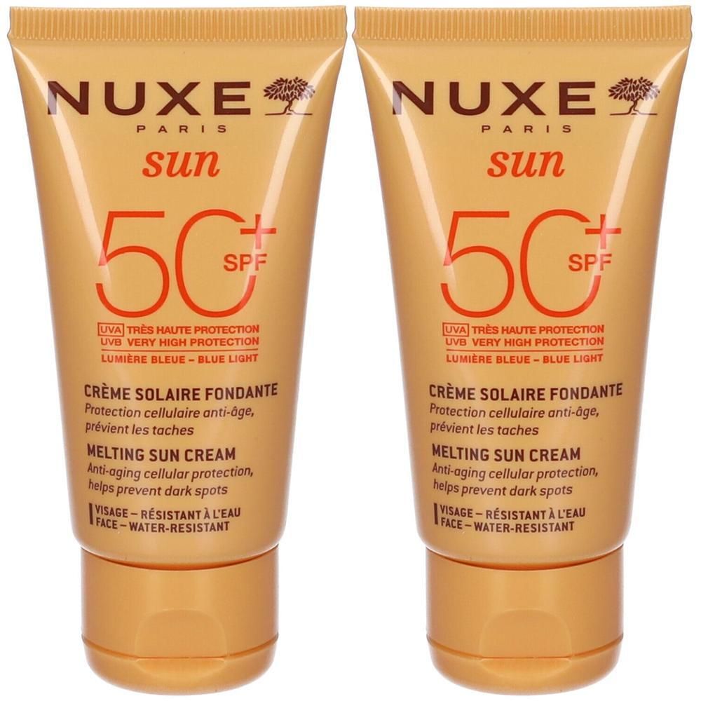 Due tubetti di Nuxe Sun Crema Solare Viso SPF 50+. Offre altissima protezione UVA/UVB e protezione luce blu.