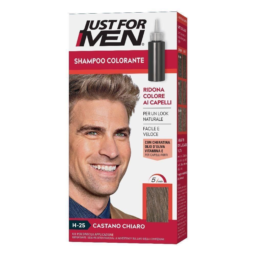 Confezione di shampoo colorante Just For Men, H-25 Castano Chiaro, con immagine di uomo e campione di colore.