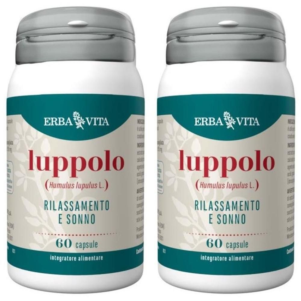 Due flaconi di capsule Erba Vita Luppolo, 60 capsule ciascuno. Per rilassamento e sonno.