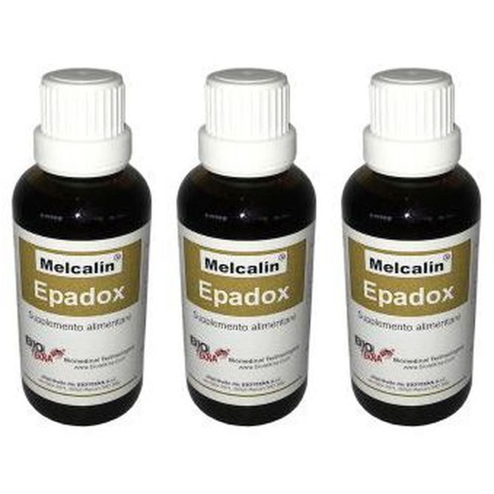 Tre flaconi di Melcalin Epadox, integratore alimentare.