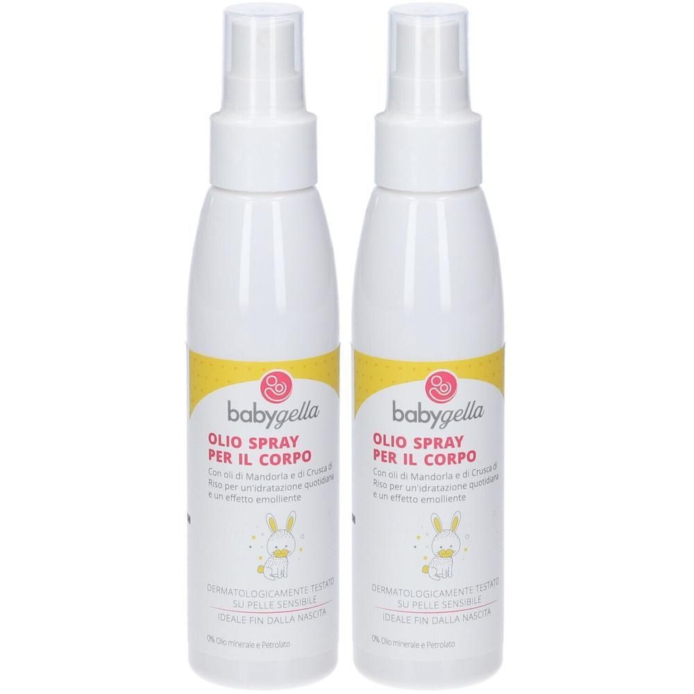Due flaconi Babygella spray corpo con erogatore spray. Bianchi con etichetta gialla.