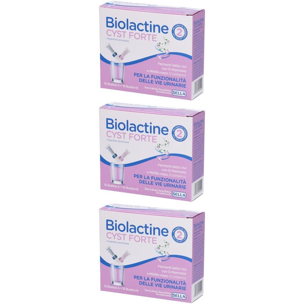 Tre scatole SELLA Biolactine Cyst Forte con rappresentazioni di siringhe e un bicchiere.