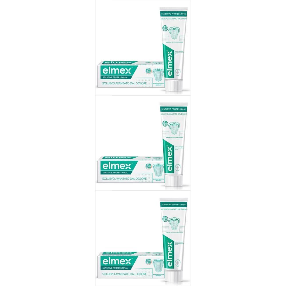 Tre confezioni di dentifricio Elmex con tubetti e scatole. Confezione verde e bianca con simbolo dentale.