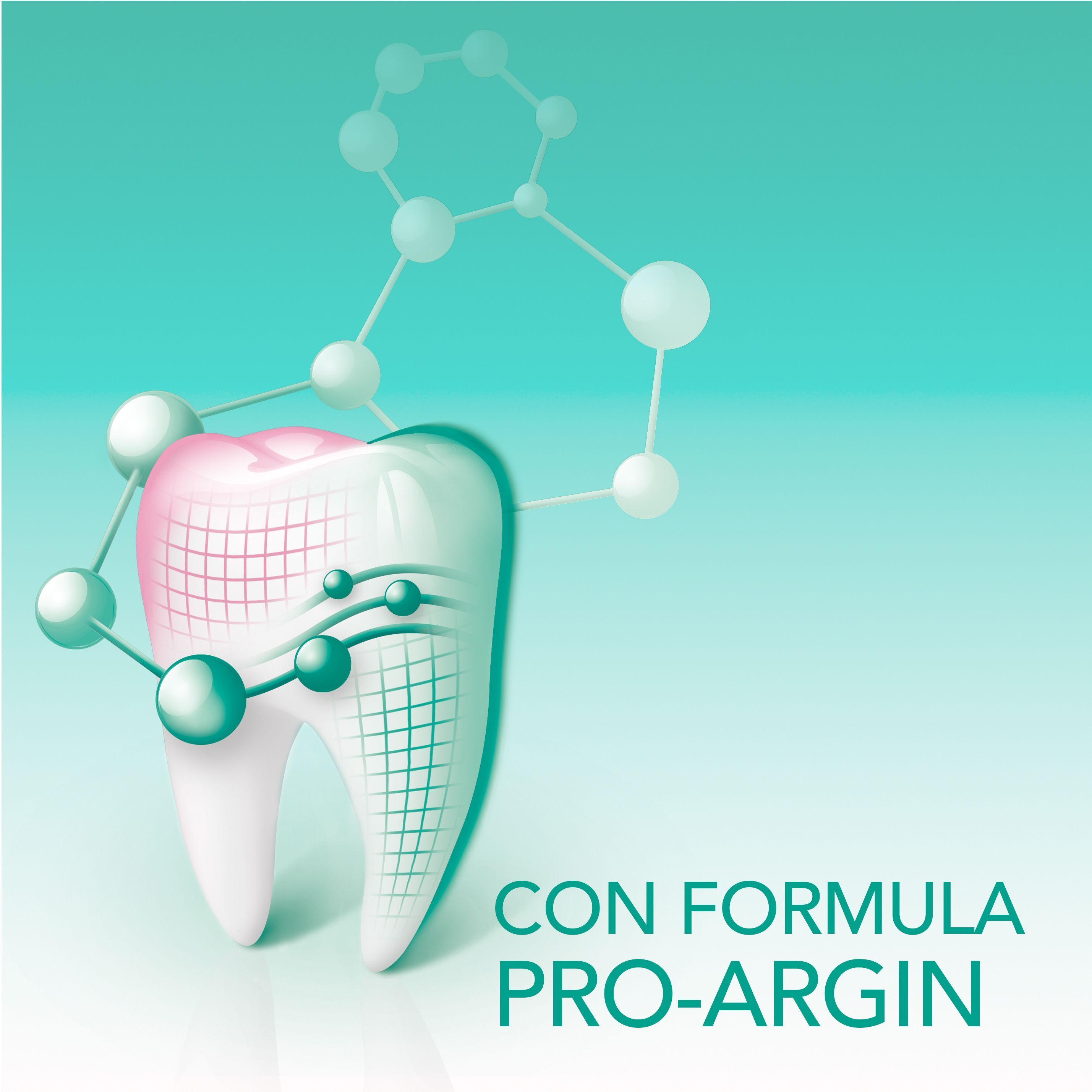 Dente con rete molecolare e scritta "CON FORMULA PRO-ARGIN".
