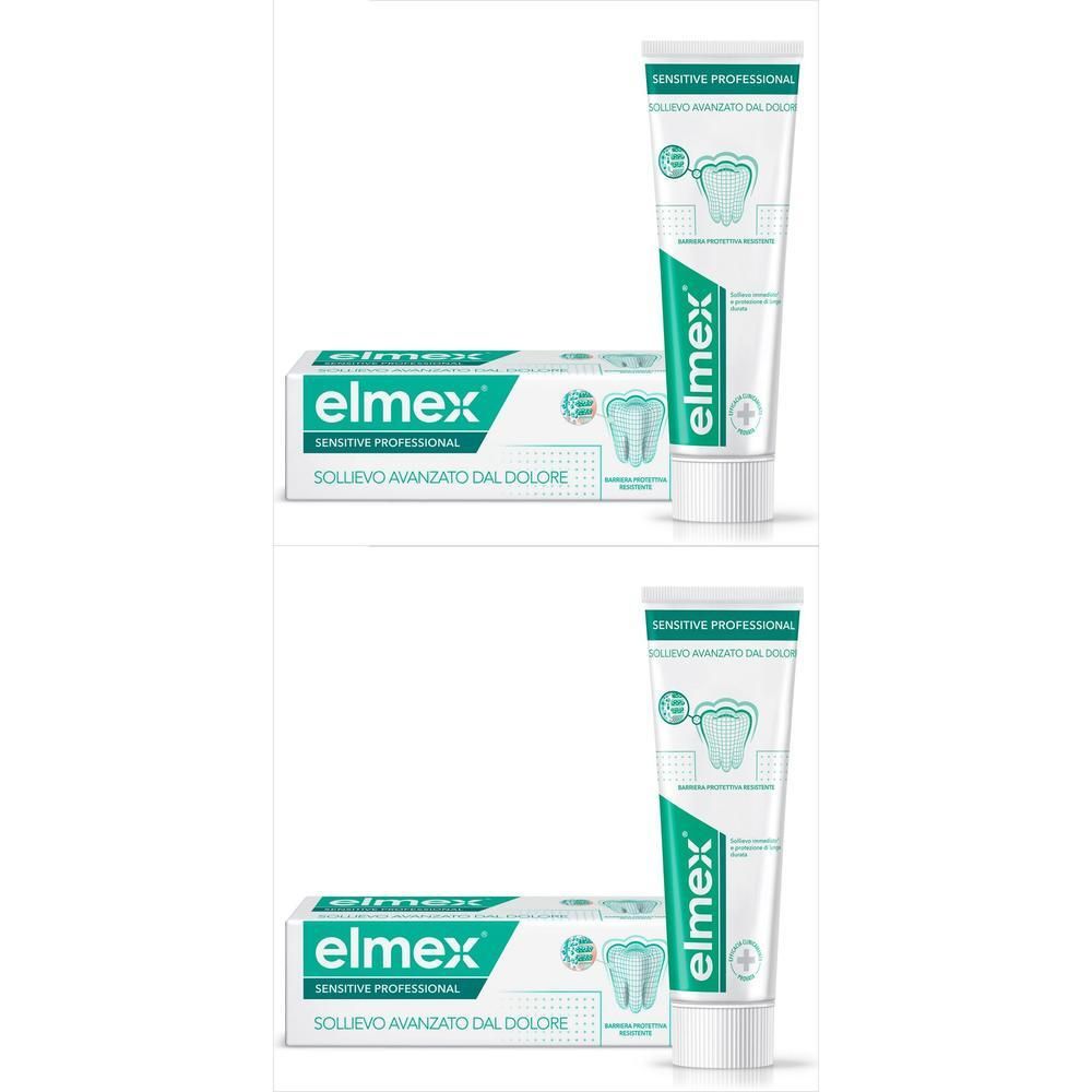 Due tubetti di dentifricio Elmex Sensitive Professional con tappo protettivo e scatola di cartone.