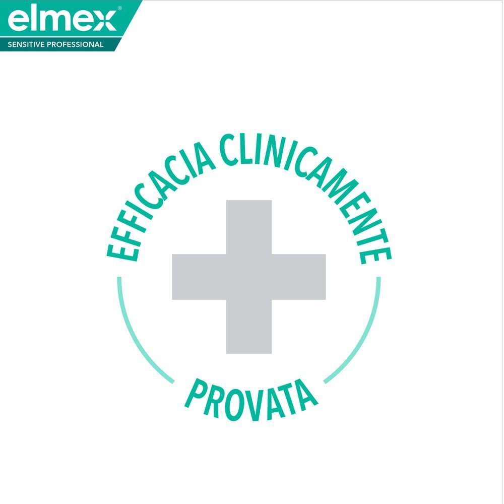 Logo Elmex con sigillo 'Eficacia Clinicamente Provata' e croce grigia.