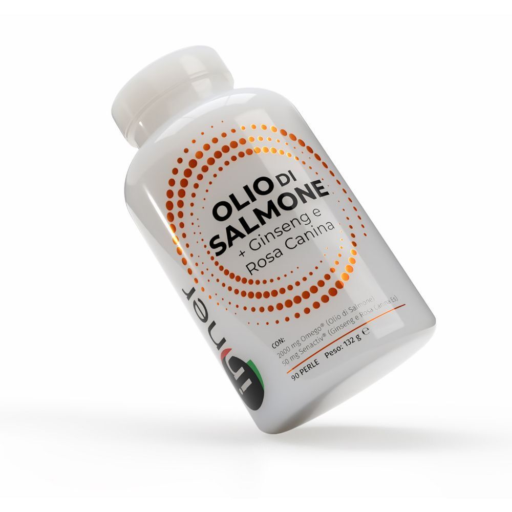 Flacone bianco in vista inclinata con design a cerchio arancione e informazioni sul prodotto.