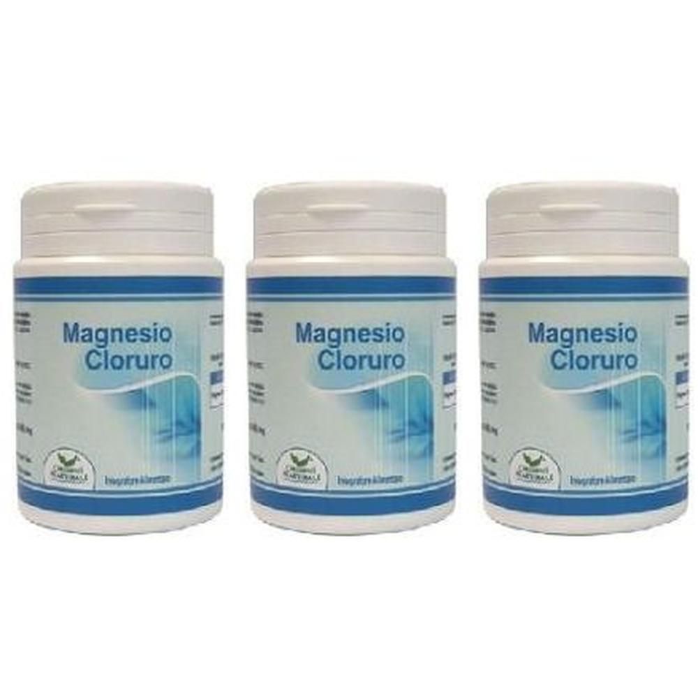 Tre contenitori di compresse di magnesio cloruro.