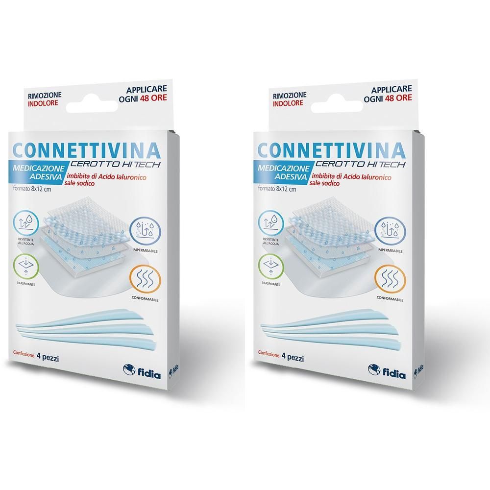 Due confezioni di cerotti Connettivina con acido ialuronico. Ogni pacco contiene 4 pezzi.