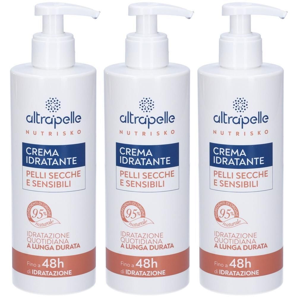 Tre flaconi pompa bianchi con crema idratante Altrapelle Nutrisko per pelli secche e sensibili.