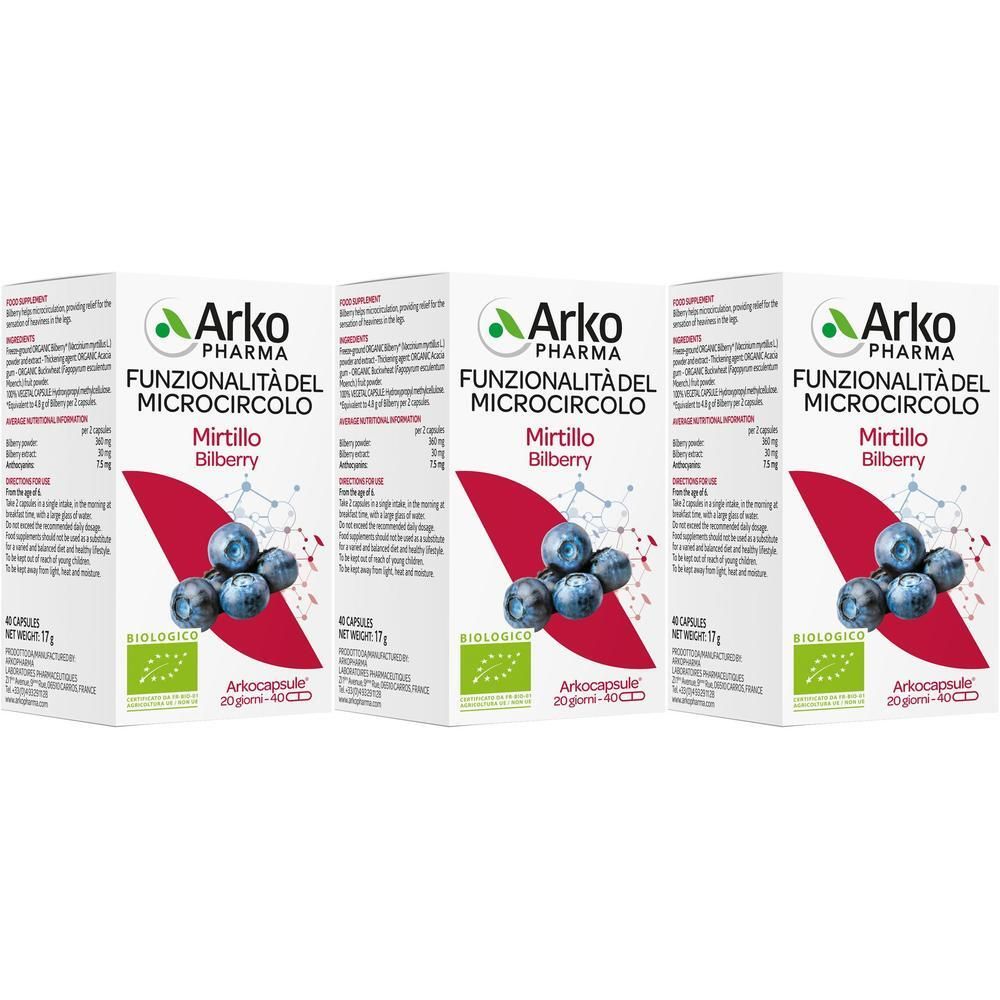 Tre confezioni di Arkocapsule Funzionalita' Microcircolo Mirtillo Bilberry. Ogni confezione contiene 40 capsule.