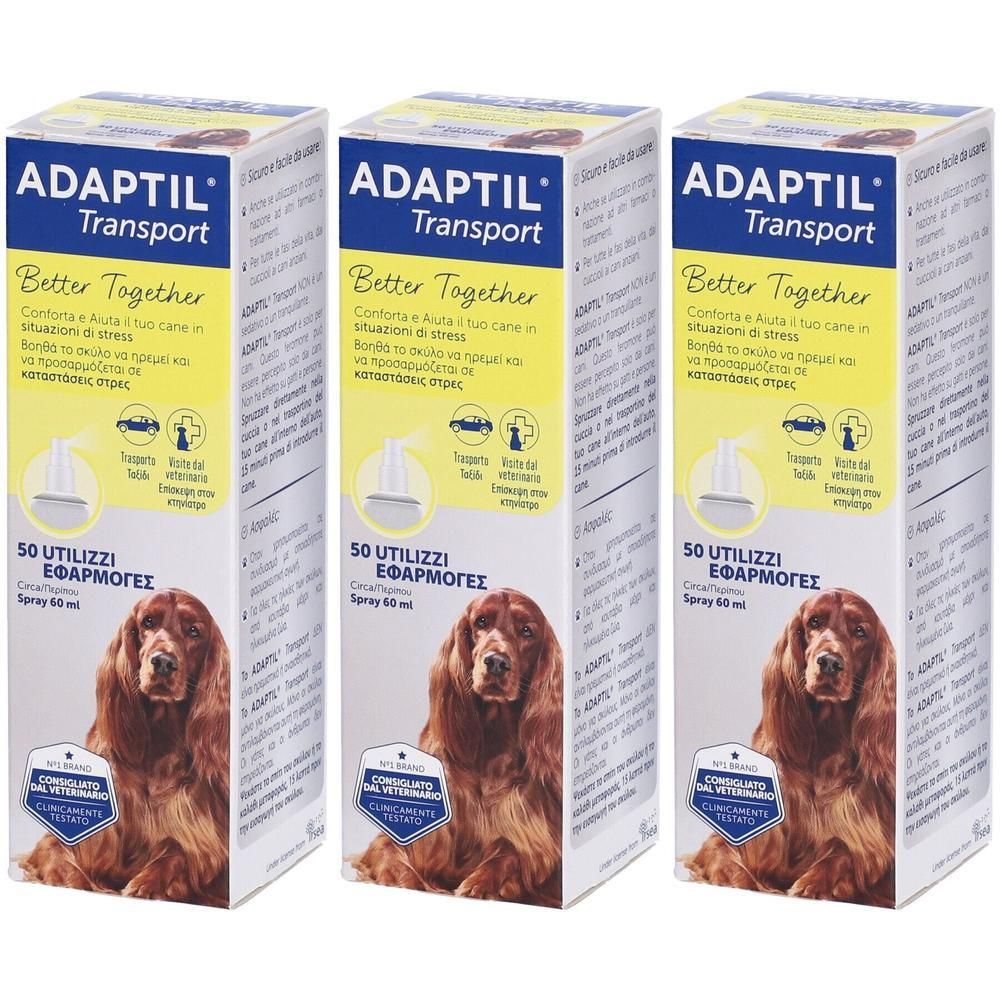 Tre scatole 'ADAPTIL Transport', spray 60 ml, con motivo di cane.