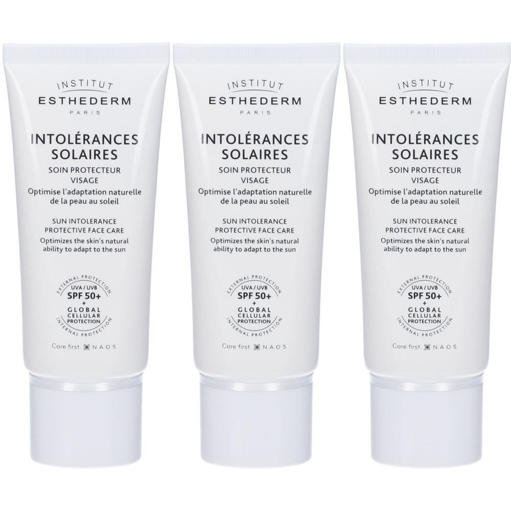 Tre tubi Institut Esthederm Intolérances Solaires Crema Viso Protettiva, SPF 50+.