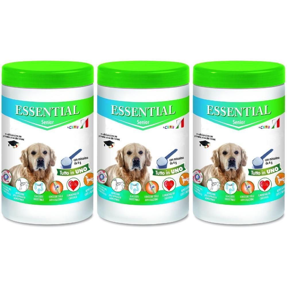Tre barattoli di Essential Senior per cani.