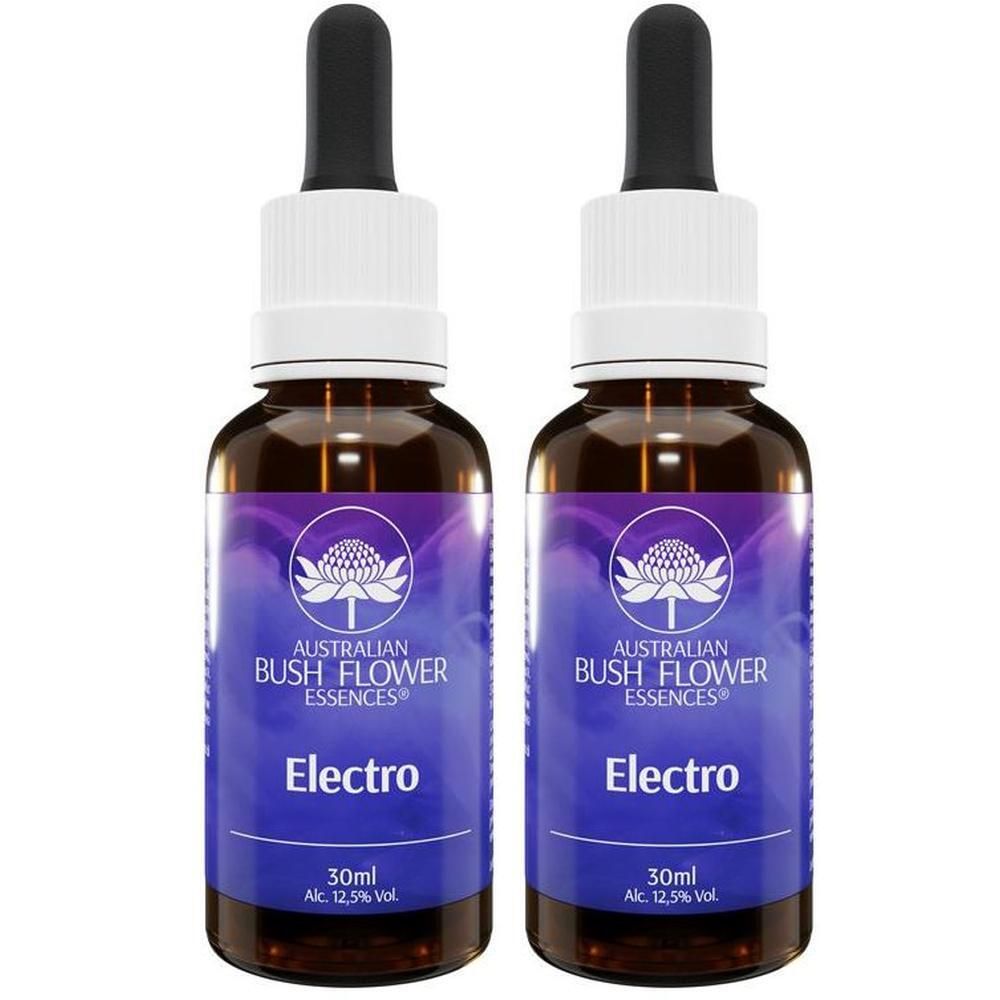 Due flaconi "Electro" Australian Bush Flower Essences con contagocce. Vetro marrone scuro, etichetta viola con logo floreale.
