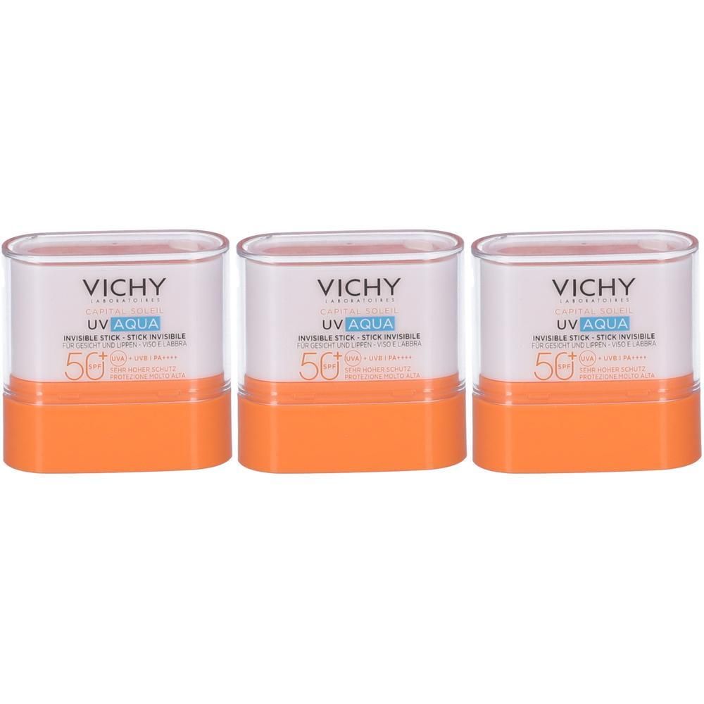 Tre stick solari Vichy UV Aqua SPF 50+ in confezione bianco-arancione.