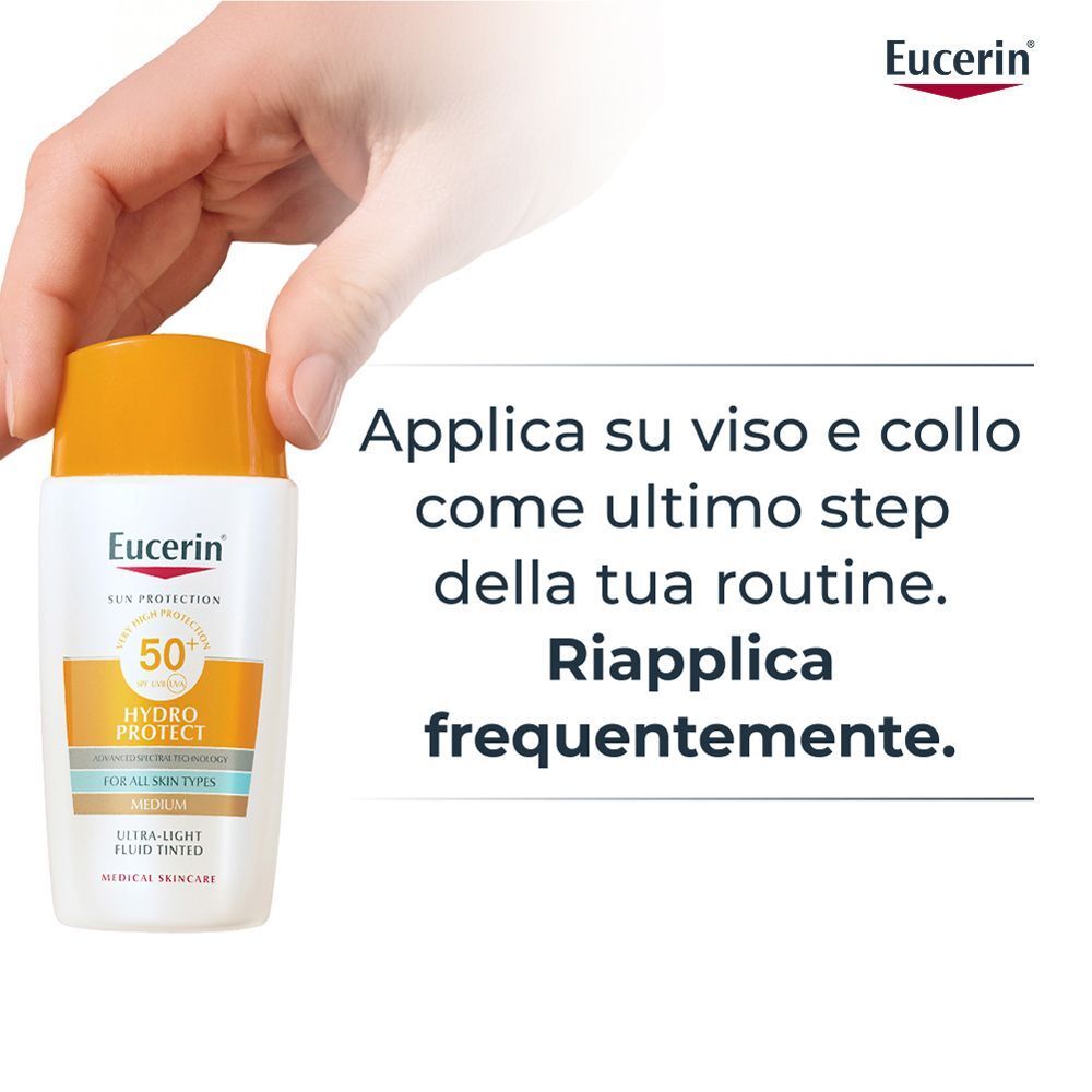 Mano che applica il fluido Eucerin Hydro Protect su viso e collo.