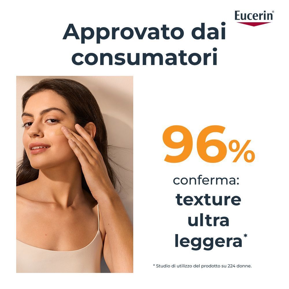 Donna applica fluido Eucerin Hydro Protect. 96% confermano texture ultra-leggera.