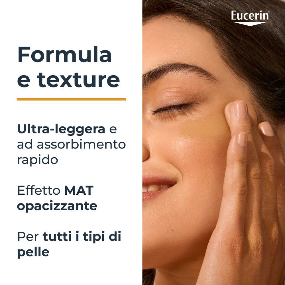 Fluido Eucerin Hydro Protect: ultra-leggero, rapido assorbimento, effetto MAT, tutti i tipi pelle.