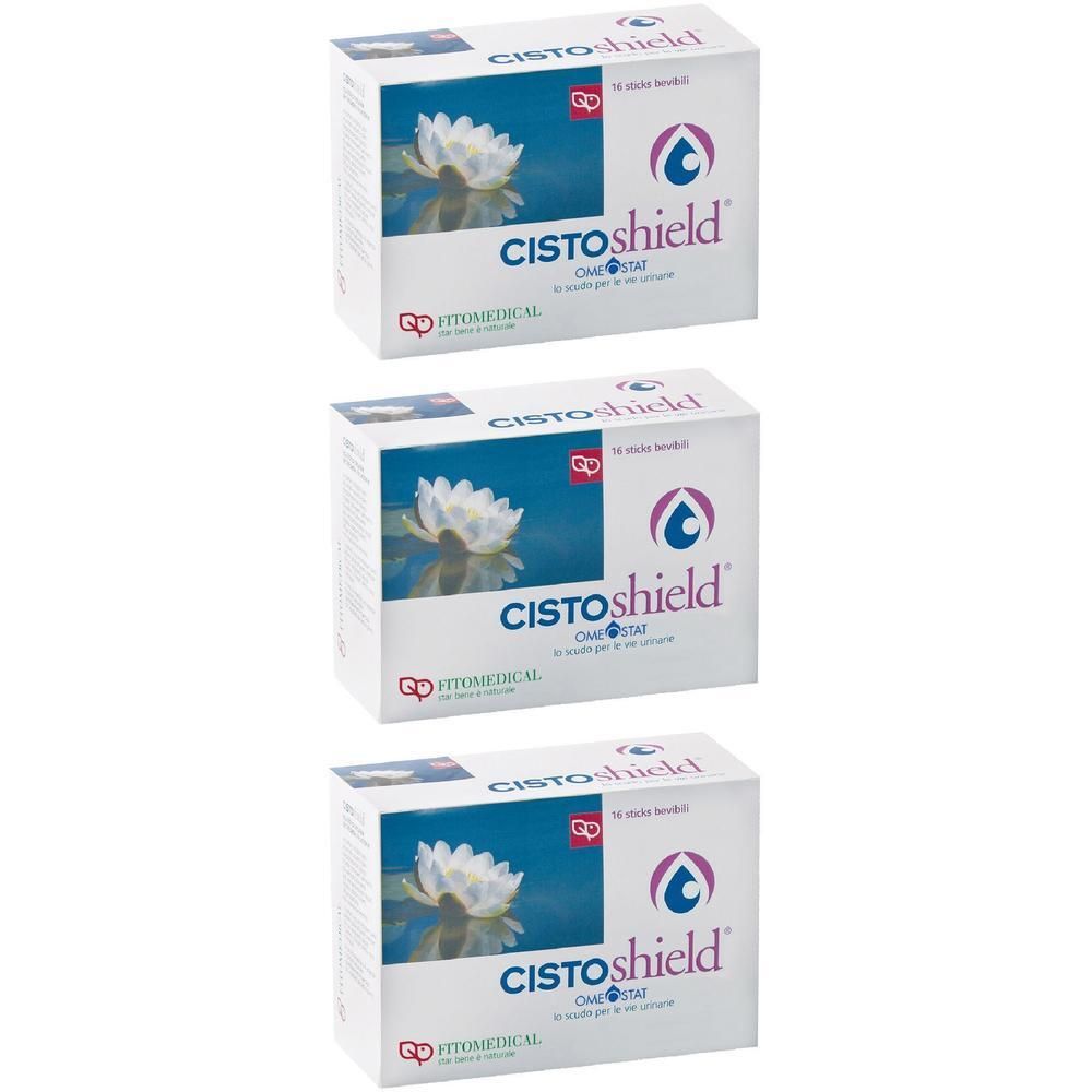 Tre scatole Cistoshield Omeostat, ciascuna con 16 bustine. Scatole bianche con immagine blu di un fiore di loto.