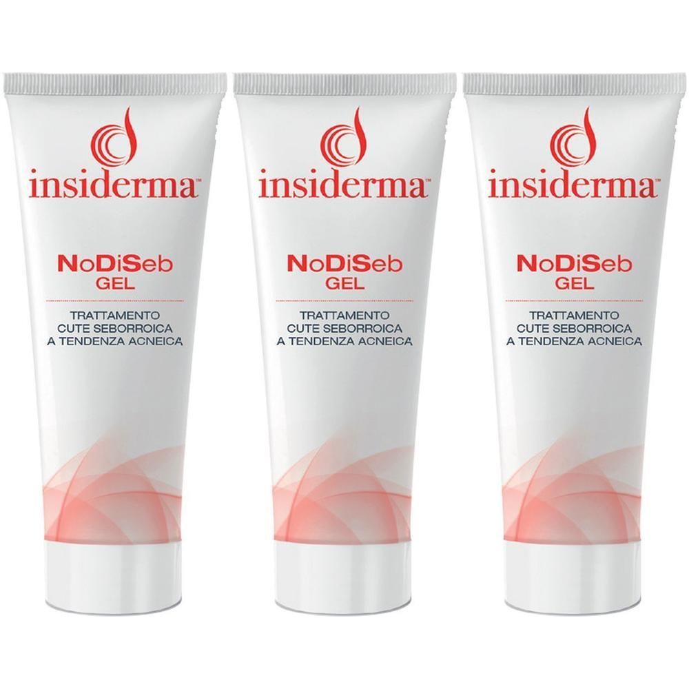 Tre tubi di gel Insiderma NoDiSeb con logo rosso e scritta.