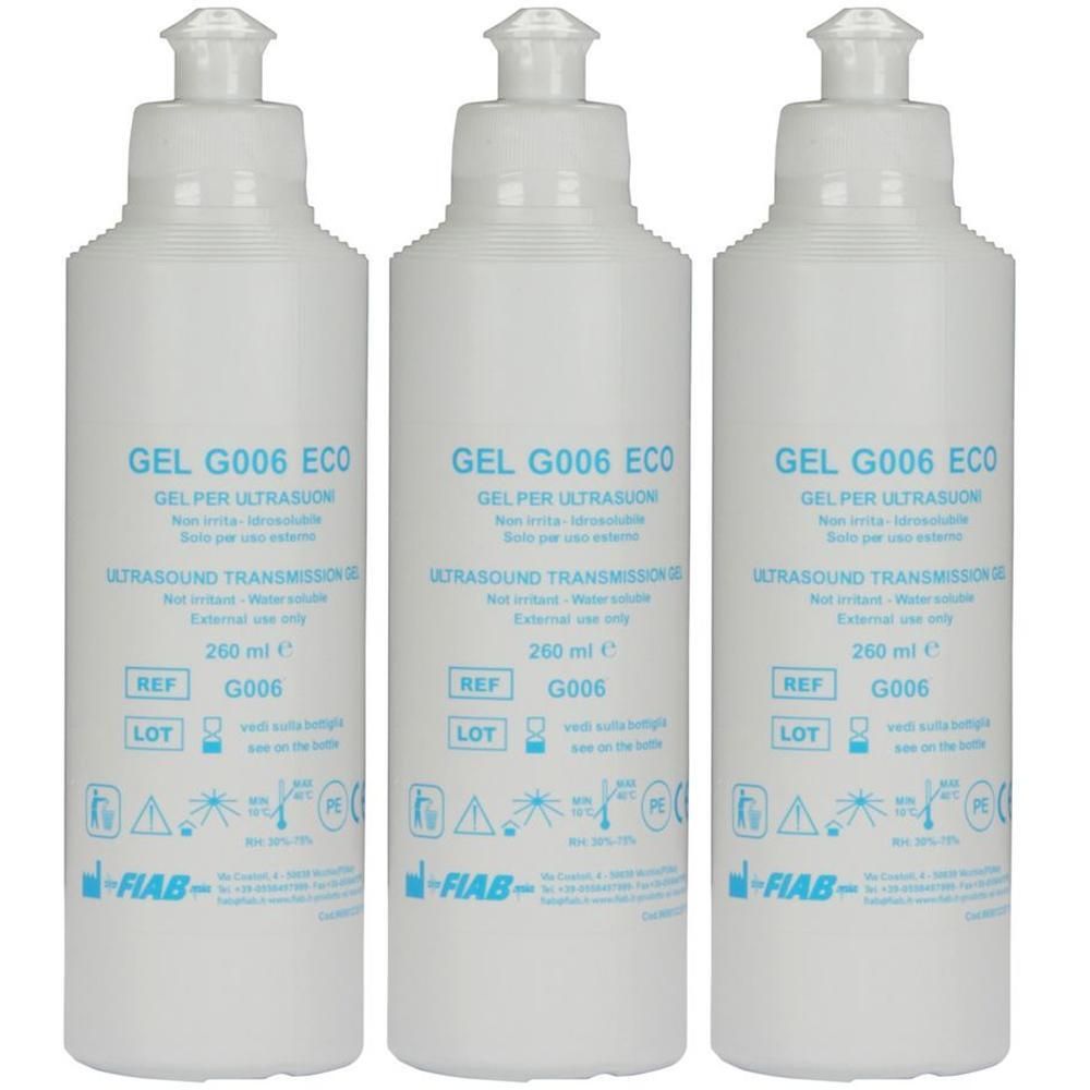 Tre flaconi di gel per ultrasuoni G006 ECO, 260 ml. Marca FIAB.