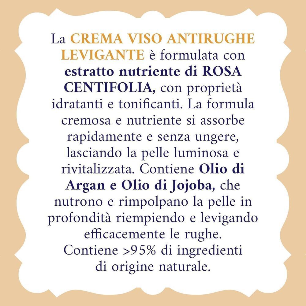 Informazioni sulla Crema Viso Antirughe Levigante Acqua alle Rose, con Olio di Argan e Jojoba.