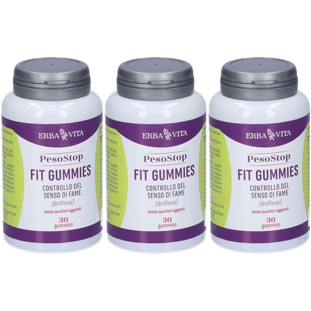 Tre flaconi di Erba Vita PesoStop Fit Gummies, 30 caramelle gommose per flacone.