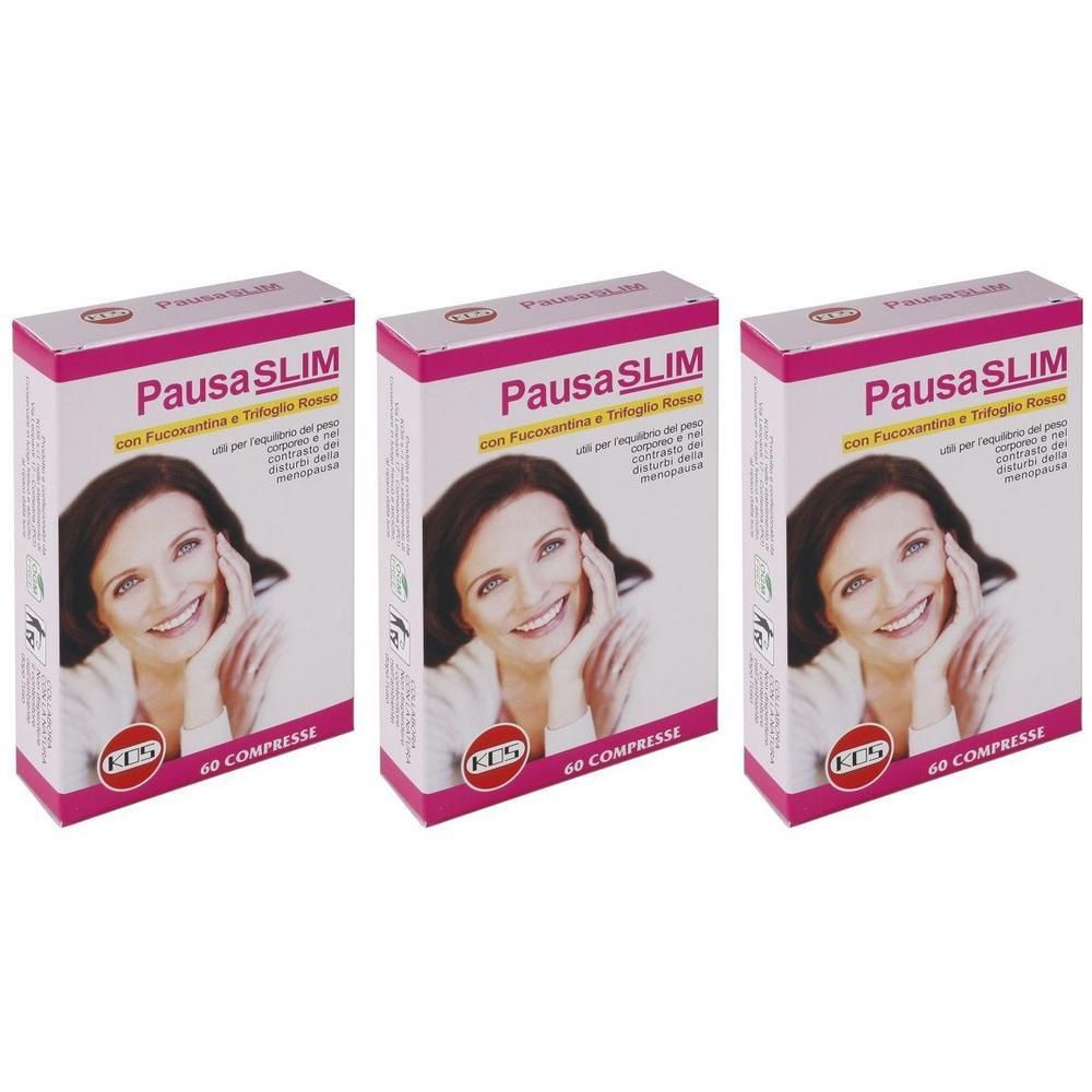 Tre confezioni di KOS Pausa Slim Compresse con immagine di donna sorridente e indicazioni testuali.
