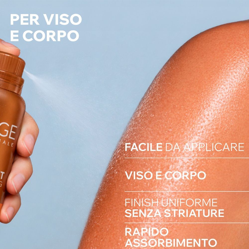 Applicazione dello spray autoabbronzante Uriage Bariésun su viso e corpo per un finish uniforme.