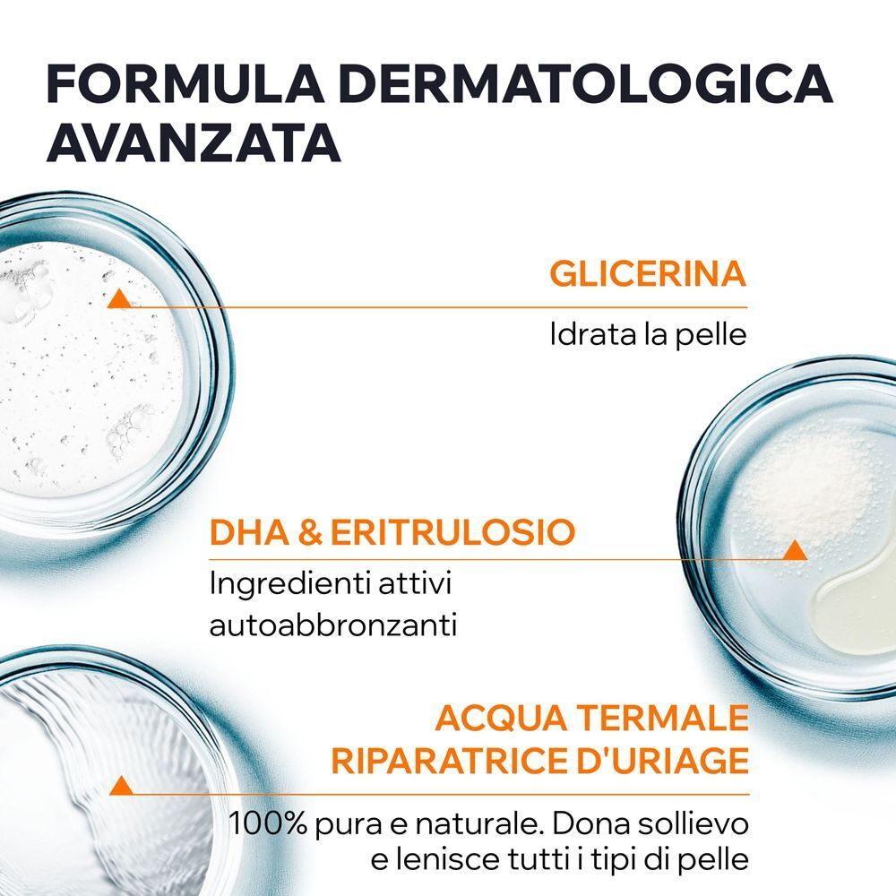 Formula Uriage Bariésun: Glicerina, DHA & Eritrulosio, Acqua Termale per idratare e abbronzare.