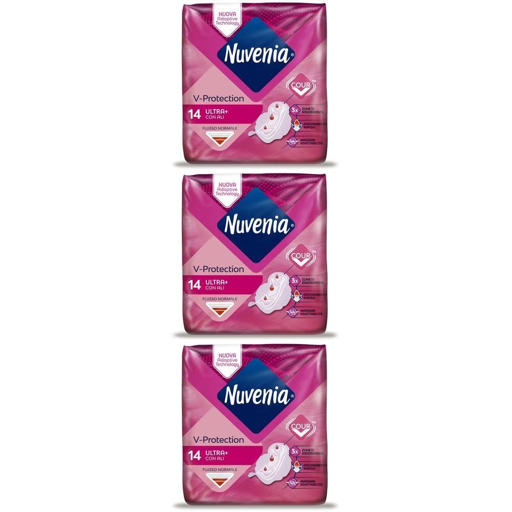 Tre confezioni di salvaslip Nuvenia Ultra+ con V-Protection.