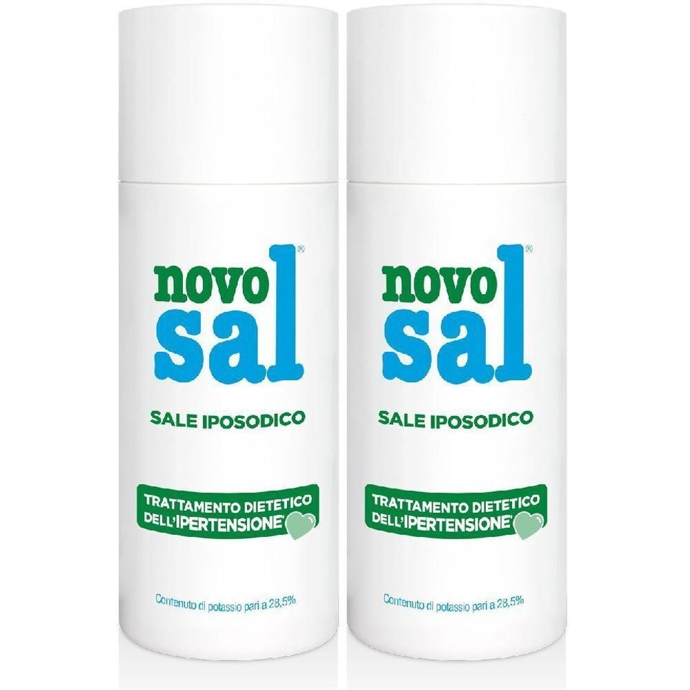 Due contenitori bianchi con etichetta Novosal® Sale Iposodico. Per il trattamento dietetico dell'ipertensione.
