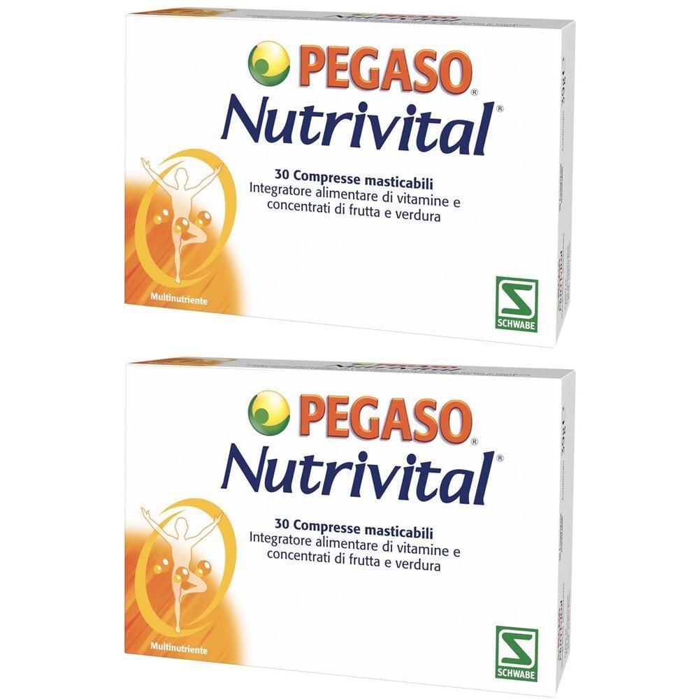 Due confezioni di Pegaso Nutrivital da 30 compresse masticabili. Contiene vitamine e concentrati di frutta e verdura.