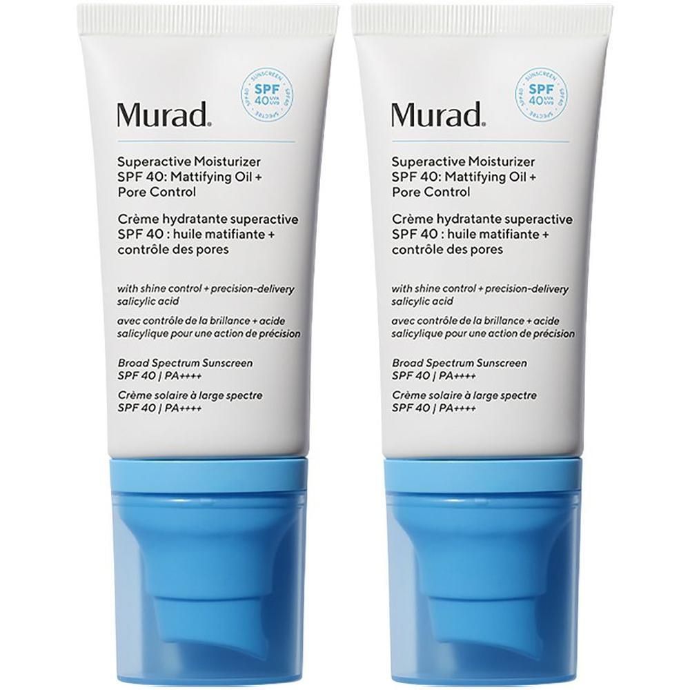 Due flaconi di Murad Superactive Moisturizer SPF 40, controllo opacizzante di olio e pori.