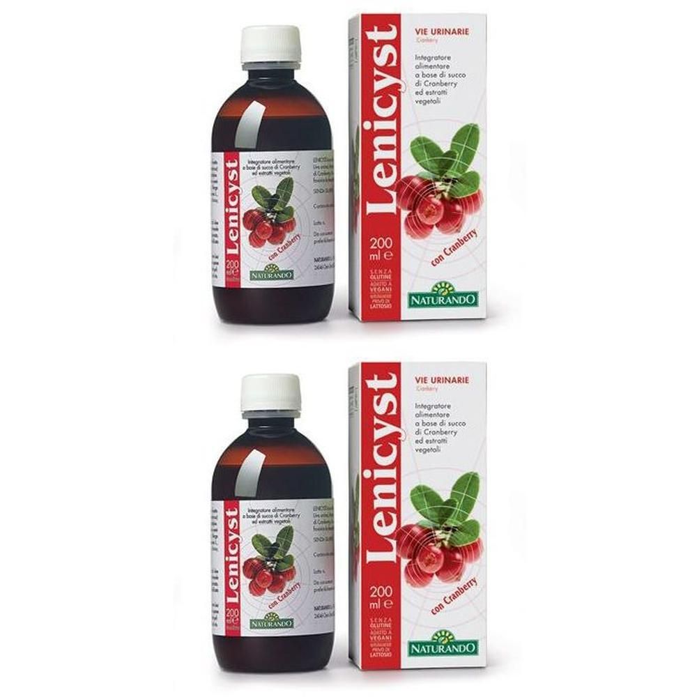 Due flaconi in vetro marrone con tappo bianco e scatole. Ogni flacone contiene un liquido e un'etichetta con motivo di mirtillo rosso e la scritta 'Lenicyst 200 ml'.