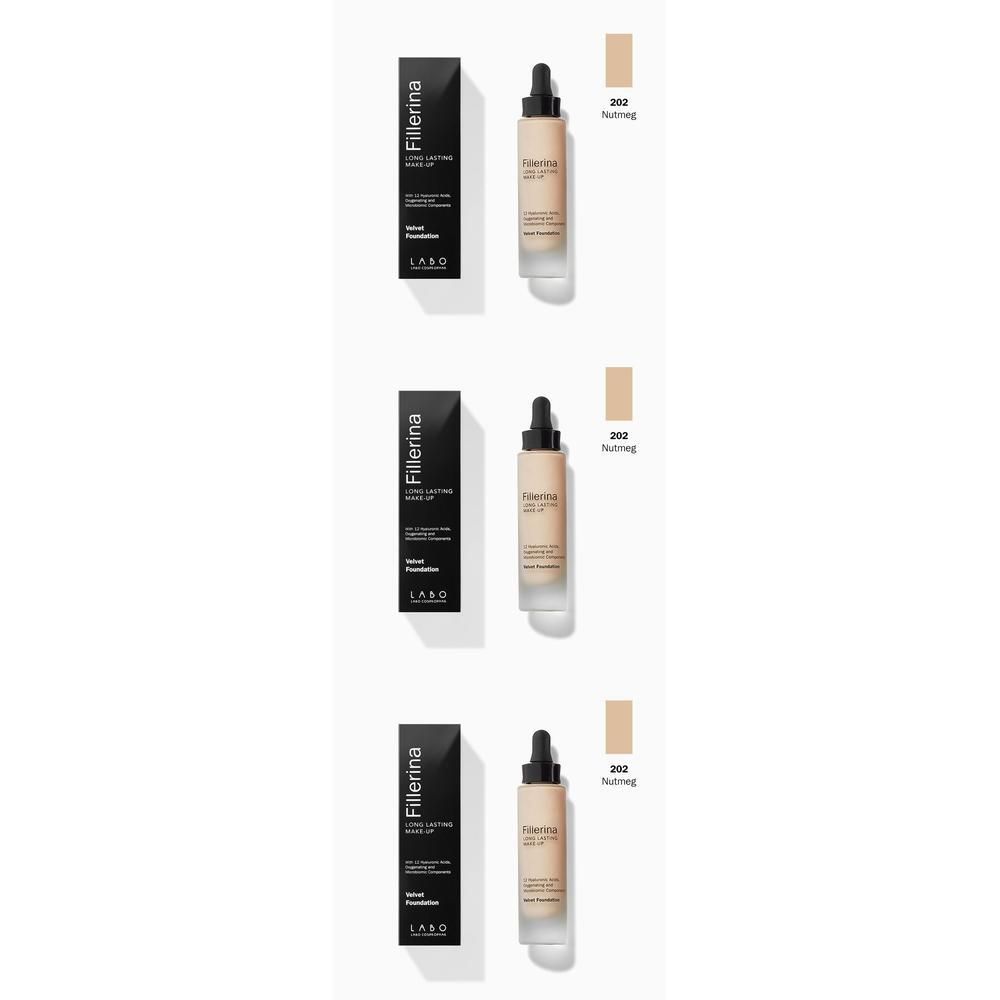 Tre flaconi di LABO Fillerina Fondotinta colore 202 Nutmeg con contagocce e scatola.