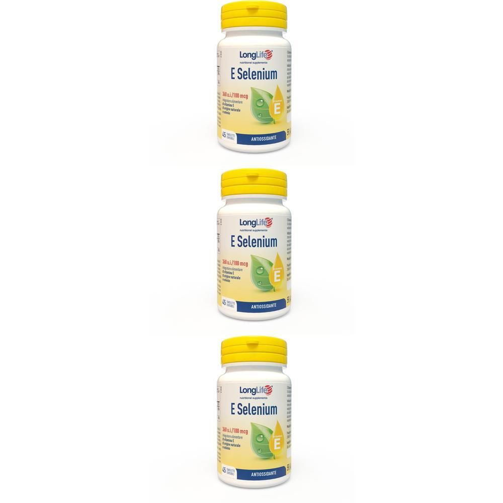 Tre flaconi di Longlife E Selenium con tappi gialli, 45 compresse per flacone.